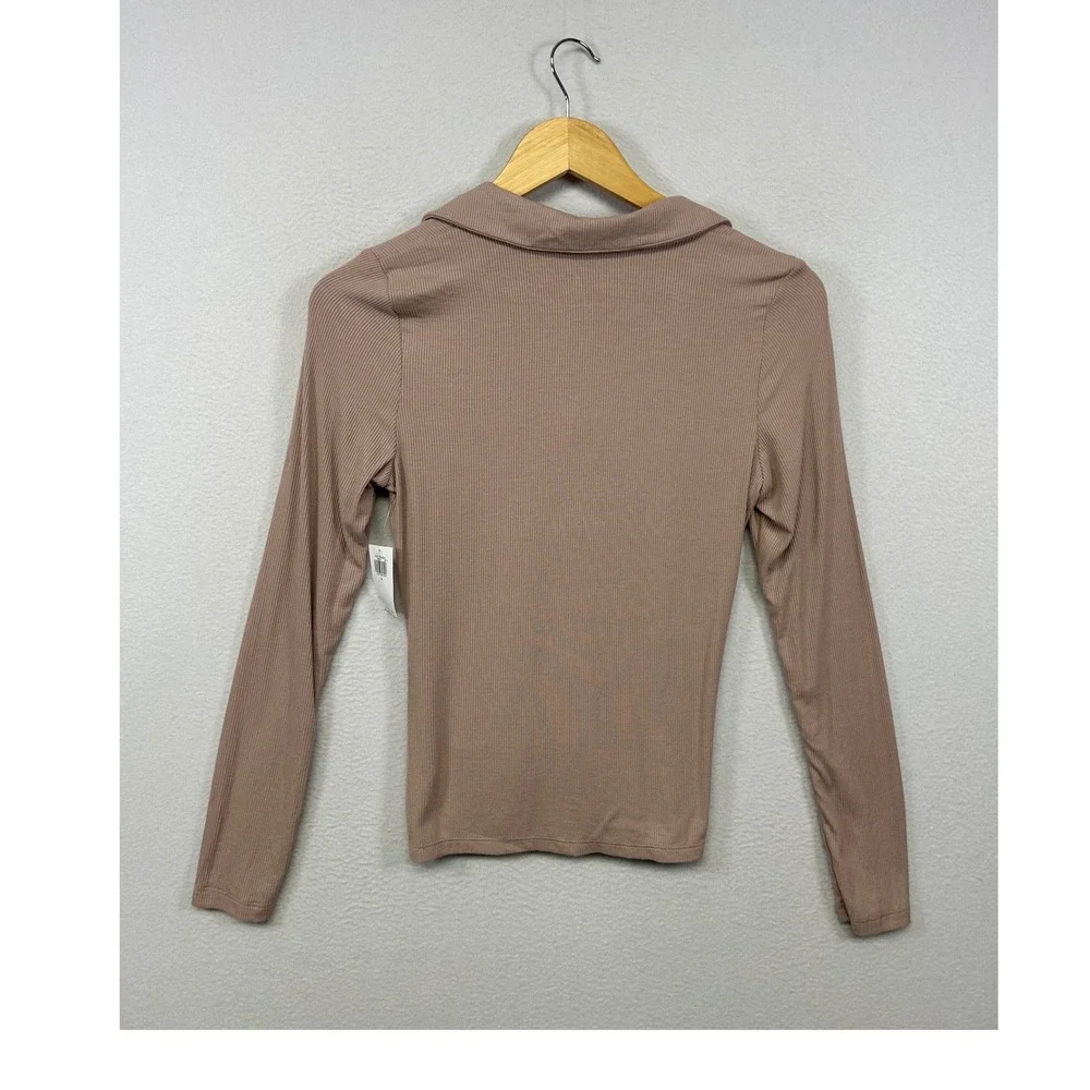 Old Navy Coquette Ribbed Ruched NWT Womens Sm Mauve Long Sleeve Button Polo Top